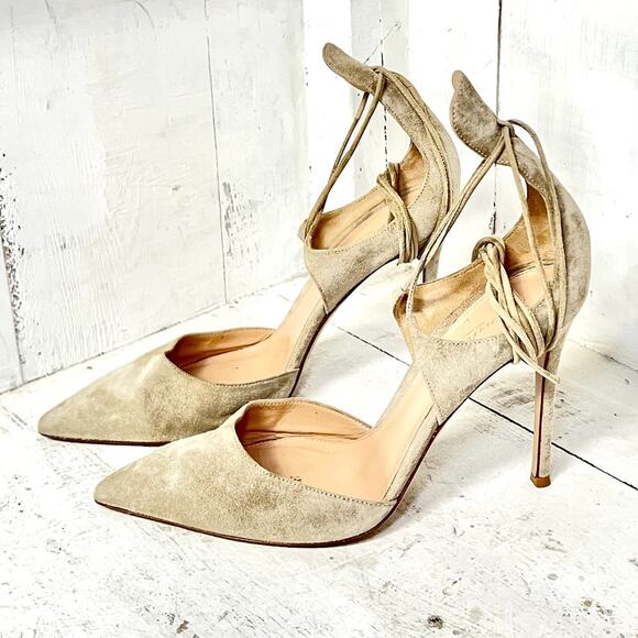 Gianvito Rossi Suede Ankle Tie Pointed Toe Stilettos Pumps Beige Womens 40 / 9.5 - Picture 3 of 6
